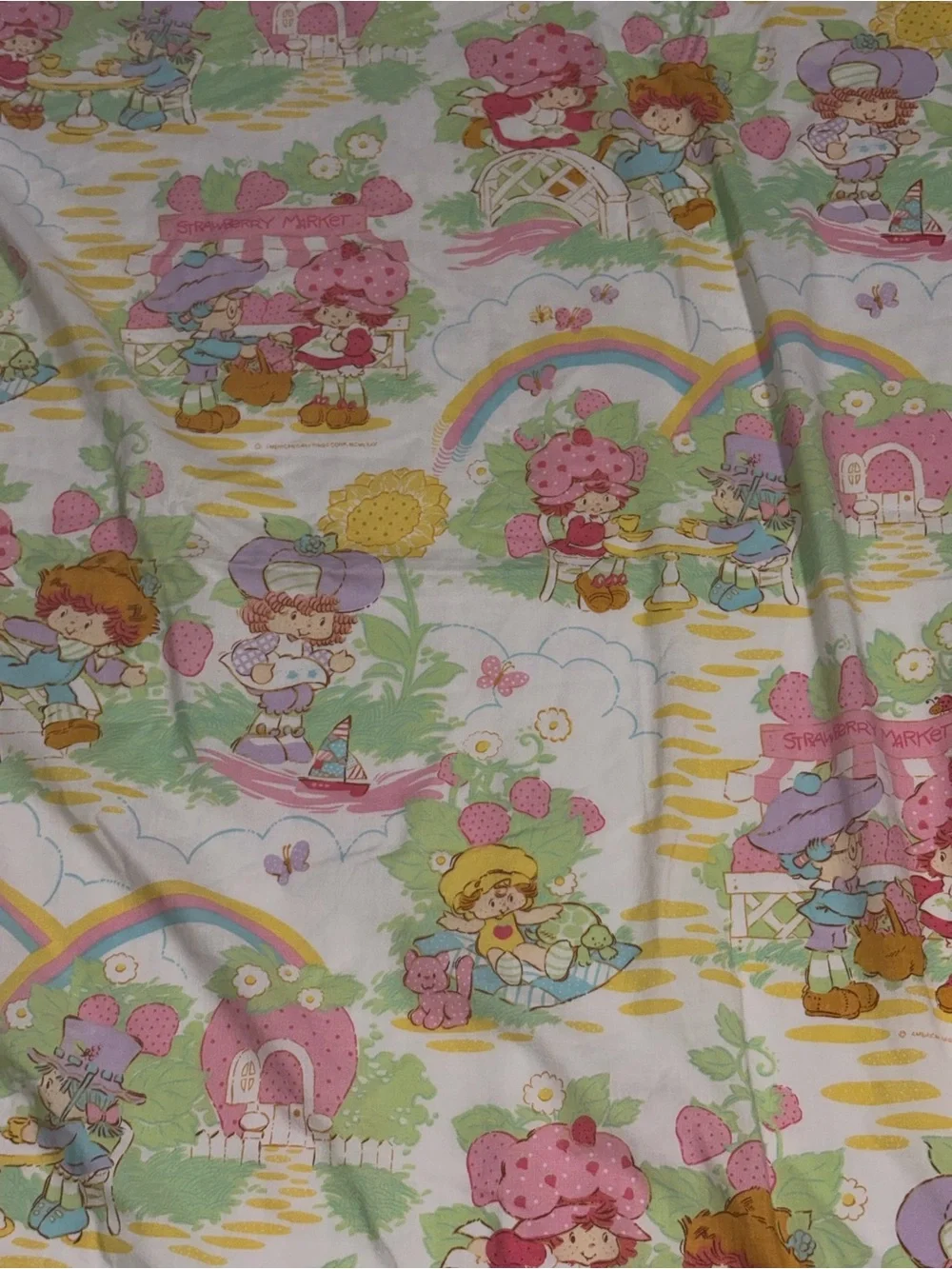 VTG 80s Strawberry Shortcake Twin flat Sheet American Greetings Rainbows Friends
